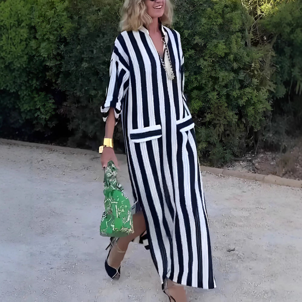 Women casual long shirt dress with vertical stripe pattern, V-neck, patch pockets, and high side slit Mune Fashion