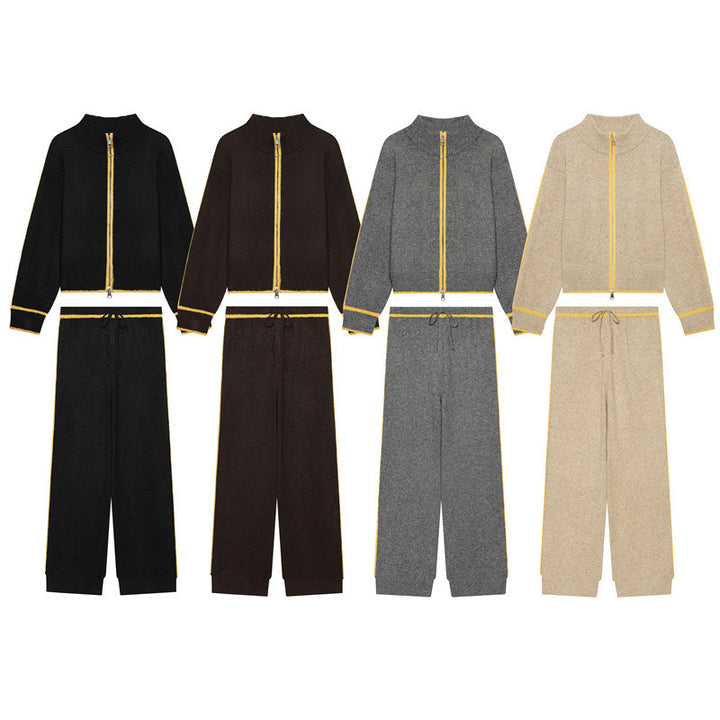 Women Two-Piece Knit Loungewear Set with Short Zip Cardigan and High Waist Palazzo Pants Mune Fashion