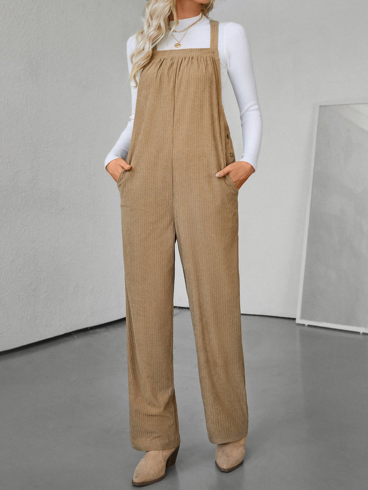 Women's corduroy overalls with wide leg, bib and side button placket Mune Fashion