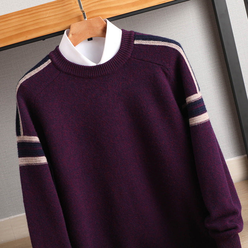 Men's Cashmere-Look Round Neck Sweater with Contrast Stripes on Shoulders and Relaxed Fit Mune Fashion