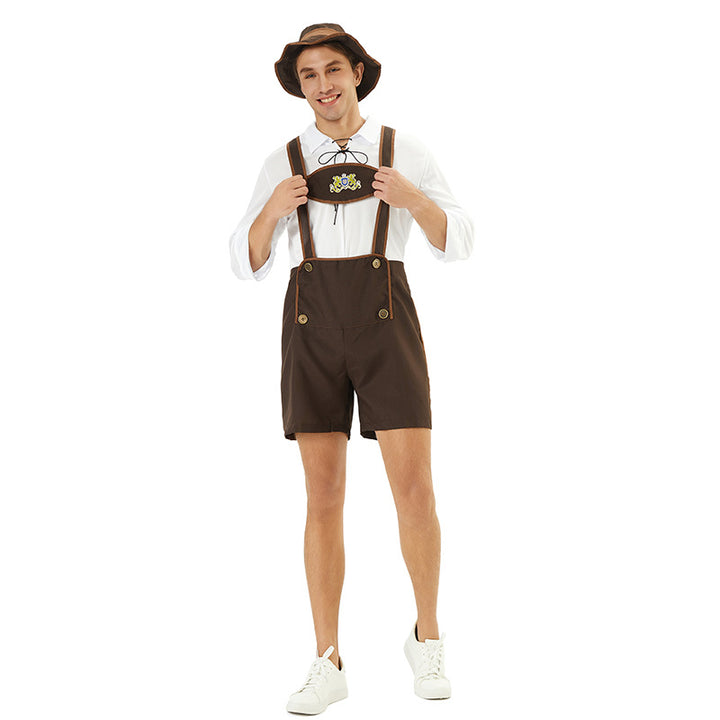 Men's short traditional leather shorts with adjustable straps and embroidered bib Mune Fashion