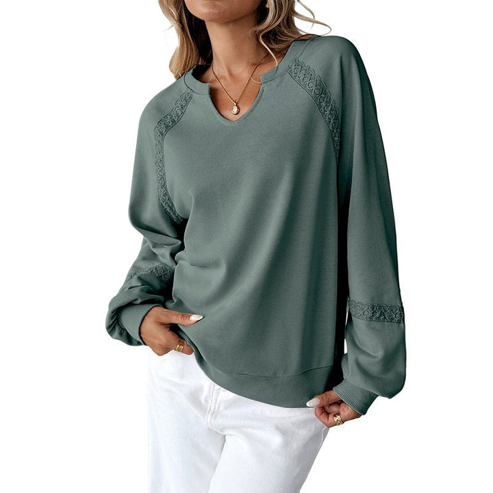 Women's Casual Sweatshirt with V-Notch, Lace Inserts and Balloon Sleeves Mune Fashion