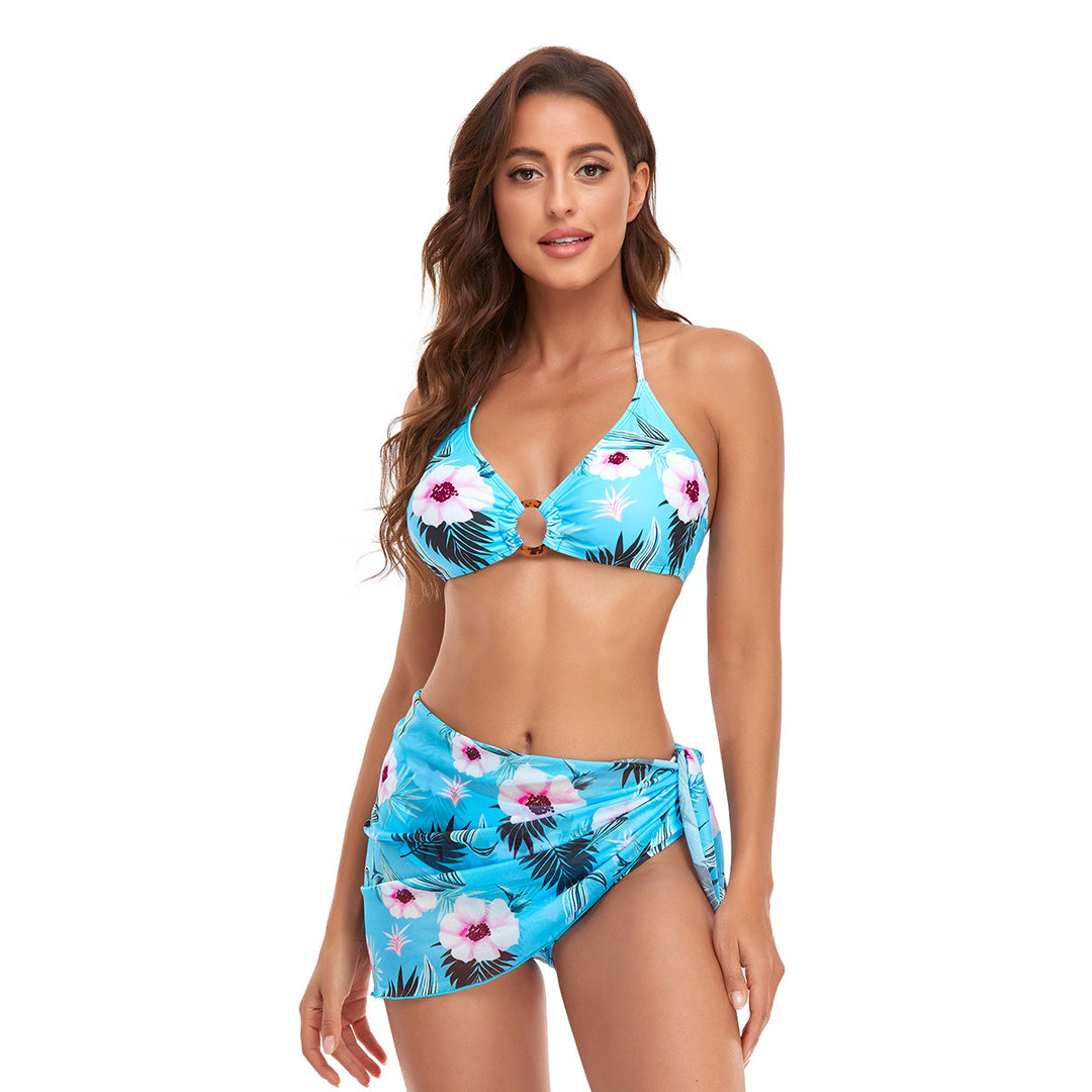 Women's Triangle Bikini Set with trendy wrap skirt and floral design Mune Fashion