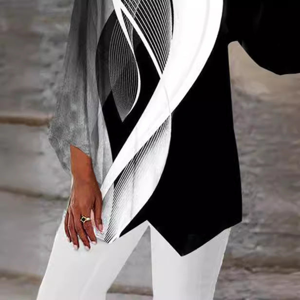 Women Asymmetrical Long Shirt with Graphic Print and Bat Sleeves Mune Fashion