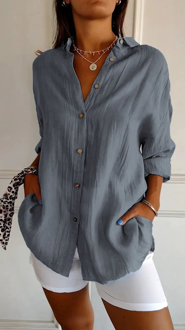 Women's Loose Crinkle Shirt with Pockets and Rolled-Up Sleeves Mune Fashion
