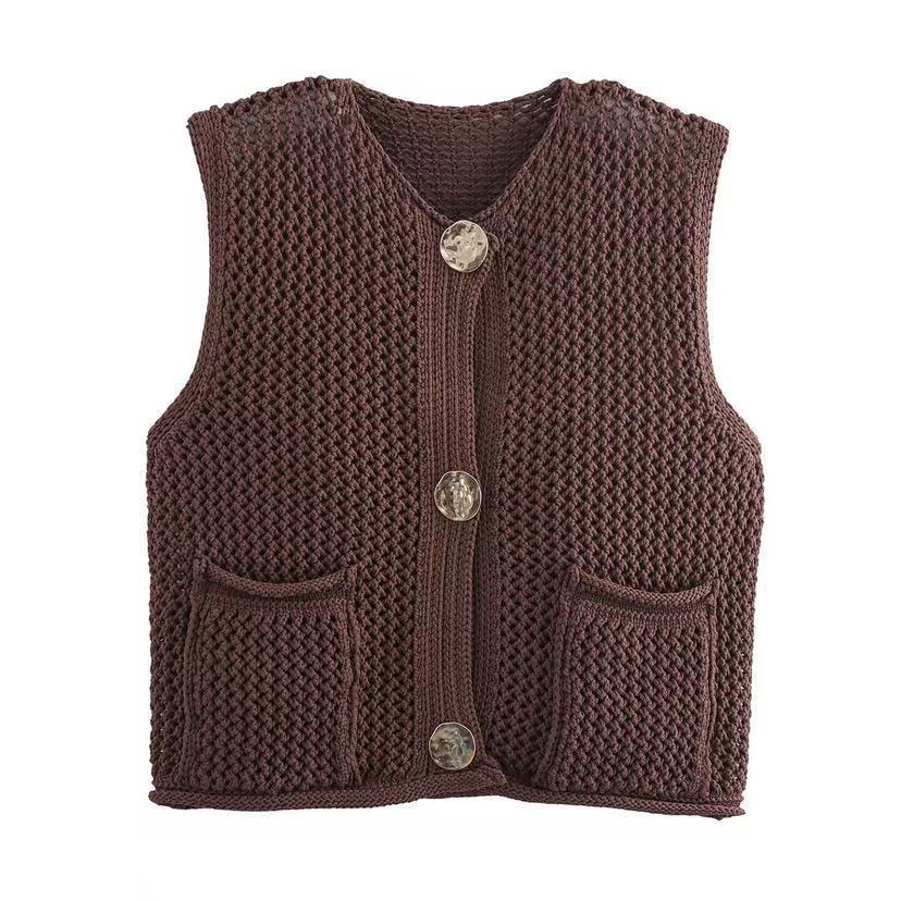 Women's crochet knit vest with large decorative buttons and patch pockets Mune Fashion