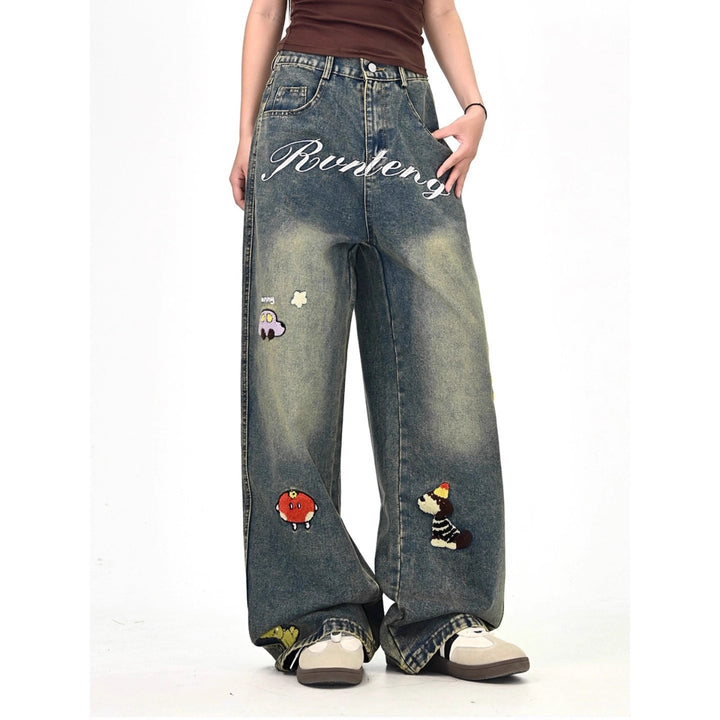 Women's Wide Cut Costume Jeans with Colorful Embroidery Design Mune Fashion