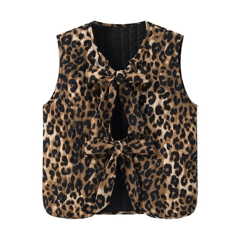 Women Sleeveless Leopard Print Vest with Ties and Textured Surface Mune Fashion