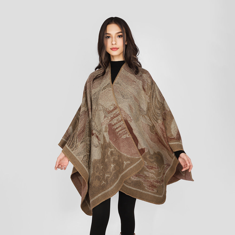 Women's jacquard cape with graphic floral motif and boxy oversized cut Mune Fashion
