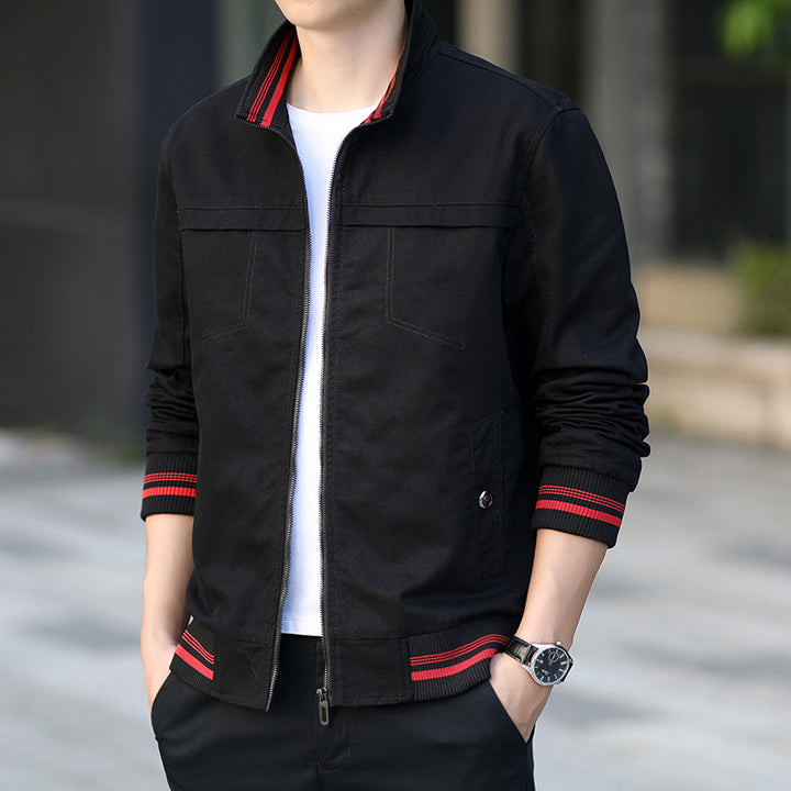 Men's modern canvas bomber jacket in worker style with striped ribbed cuffs and zipper Mune Fashion