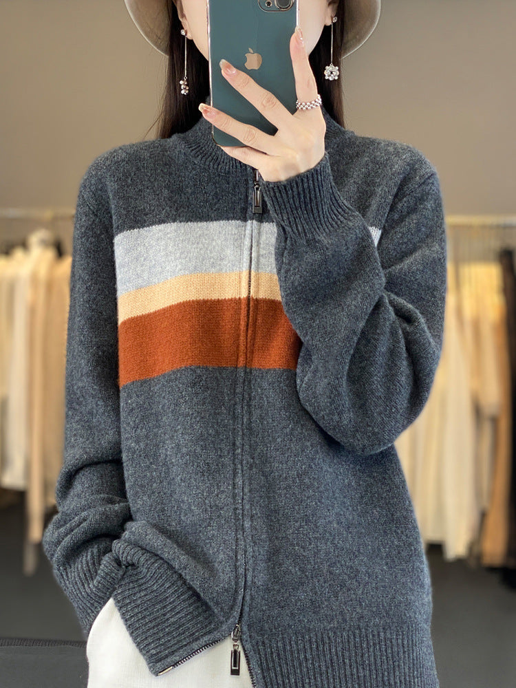 Ladies zip-up knitted cardigan made of soft wool blend with block stripes and ribbed hem Mune Fashion