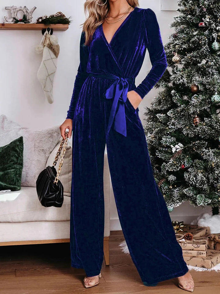 Women's Velvet Jumpsuit with Wrap V-Neck, Wide Leg and Waist Belt Drune