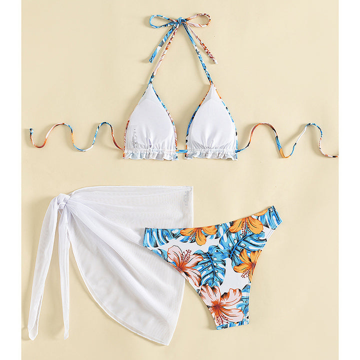 Women's Triangle Bikini Set with Floral Pattern and Casual Scarf Mune Fashion