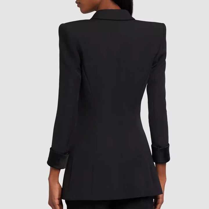 Women's Tailored Tuxedo Blazer with Satin Shawl Collar and Decorative Medallion Buttons Mune Fashion