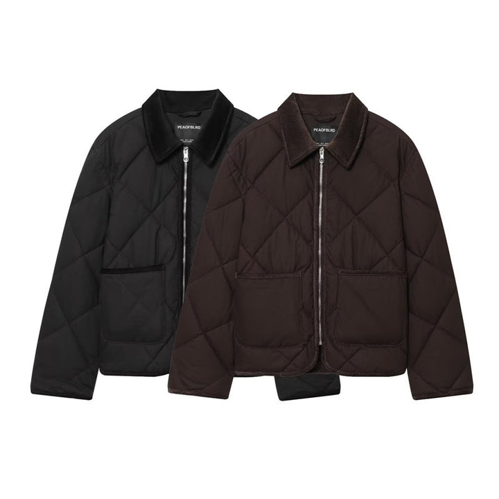 Women's short jacket quilted bomber with cord collar, front zipper and patch pockets Mune Fashion