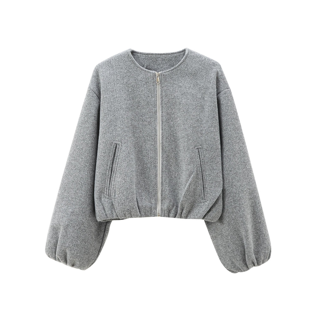 Women's Short Wool Blend Bomber with Round Neck, Zipper and Elastic Hem Mune Fashion
