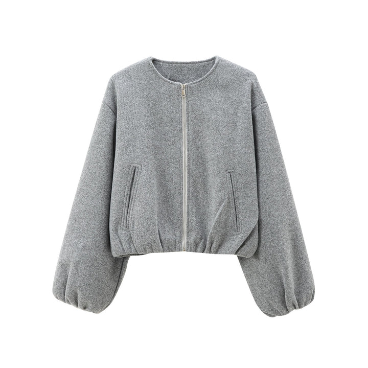 Women's Short Wool Blend Bomber with Round Neck, Zipper and Elastic Hem Mune Fashion