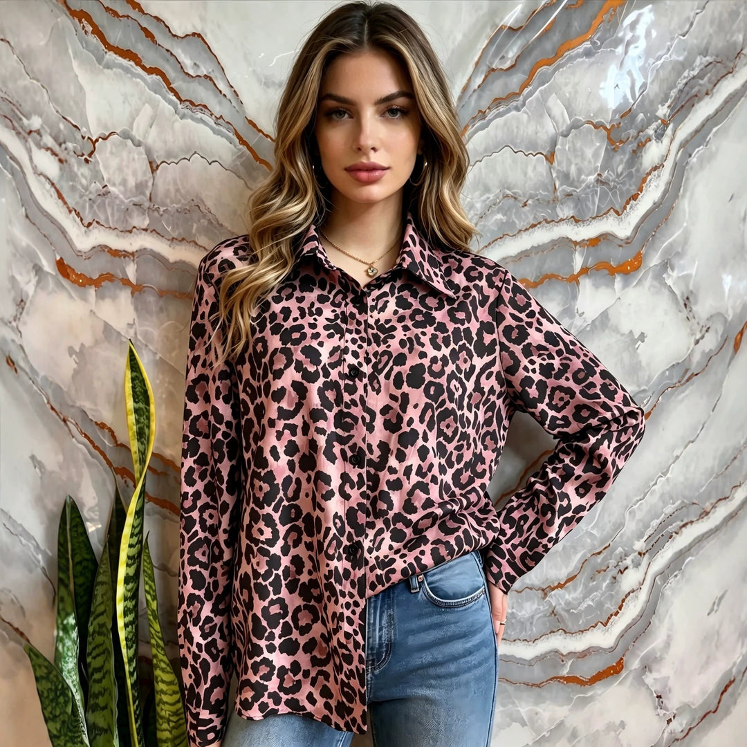 Women's Satin Leopard-Print Button-Up Blouse Mune Fashion