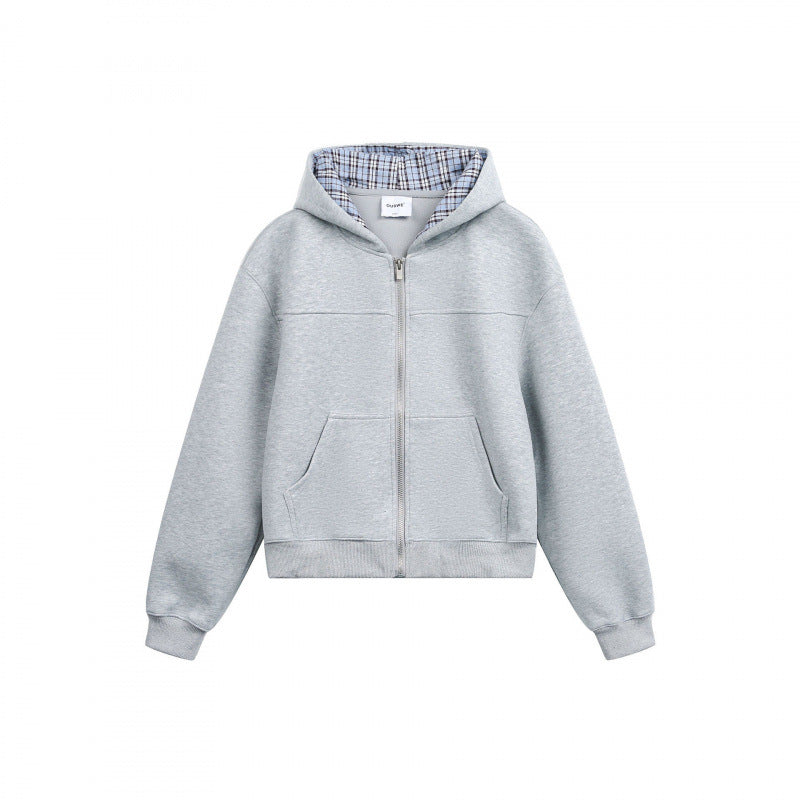 Women's Boxy Hooded Sweat Jacket with Full Zip, Checkered Lined Hood and Kangaroo Pockets Mune Fashion