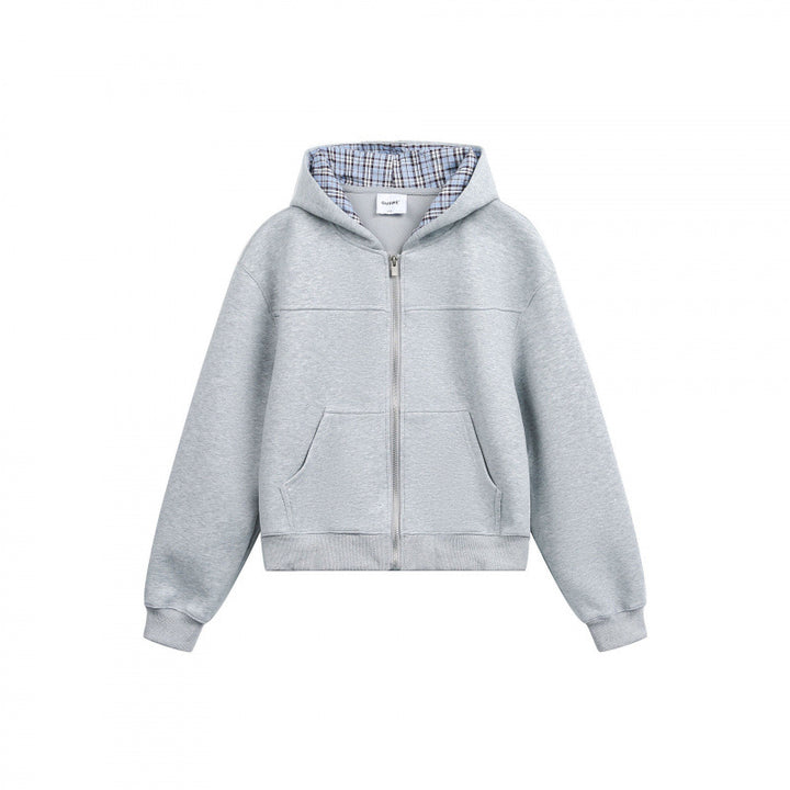 Women's Boxy Hooded Sweat Jacket with Full Zip, Checkered Lined Hood and Kangaroo Pockets Mune Fashion