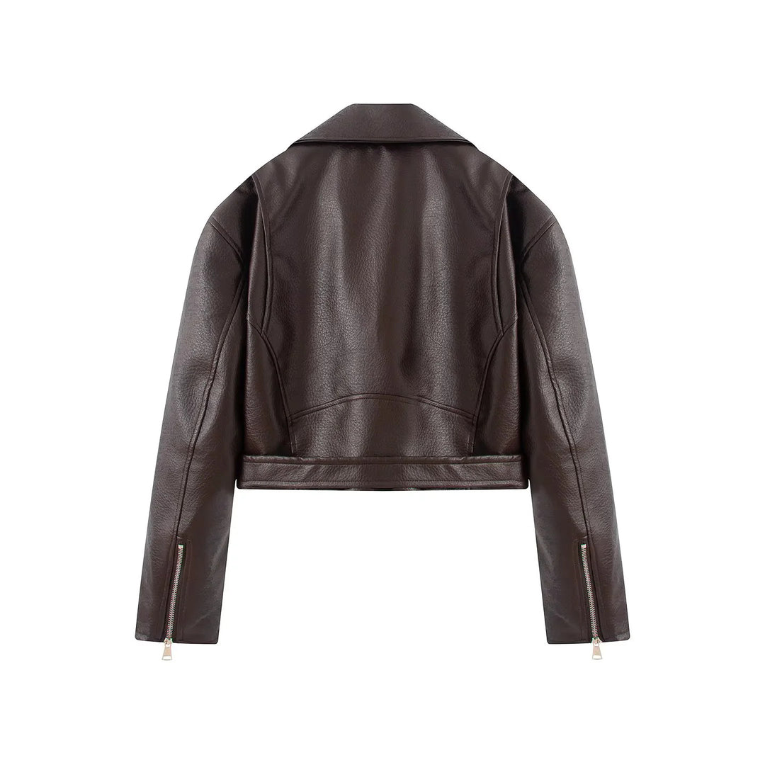 Women nan cropped biker jacket made of vegan leather imitation with asymmetrical zipper and waist belt Mune Fashion