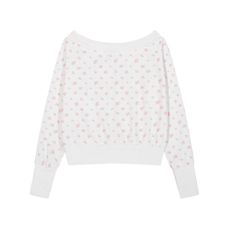Women's short-cut hooded jacket in waffle knit with wide off-the-shoulder neckline and floral print Mune Fashion