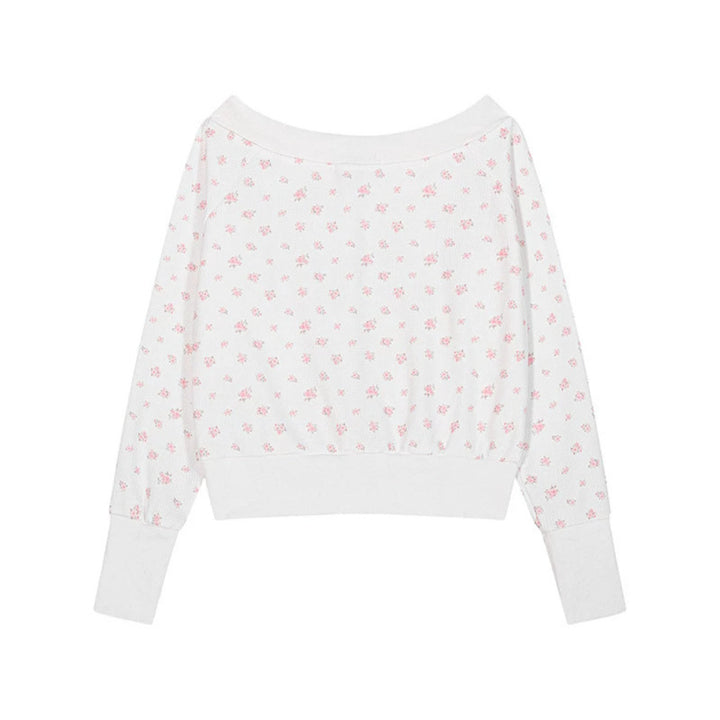 Women's short-cut hooded jacket in waffle knit with wide off-the-shoulder neckline and floral print Mune Fashion