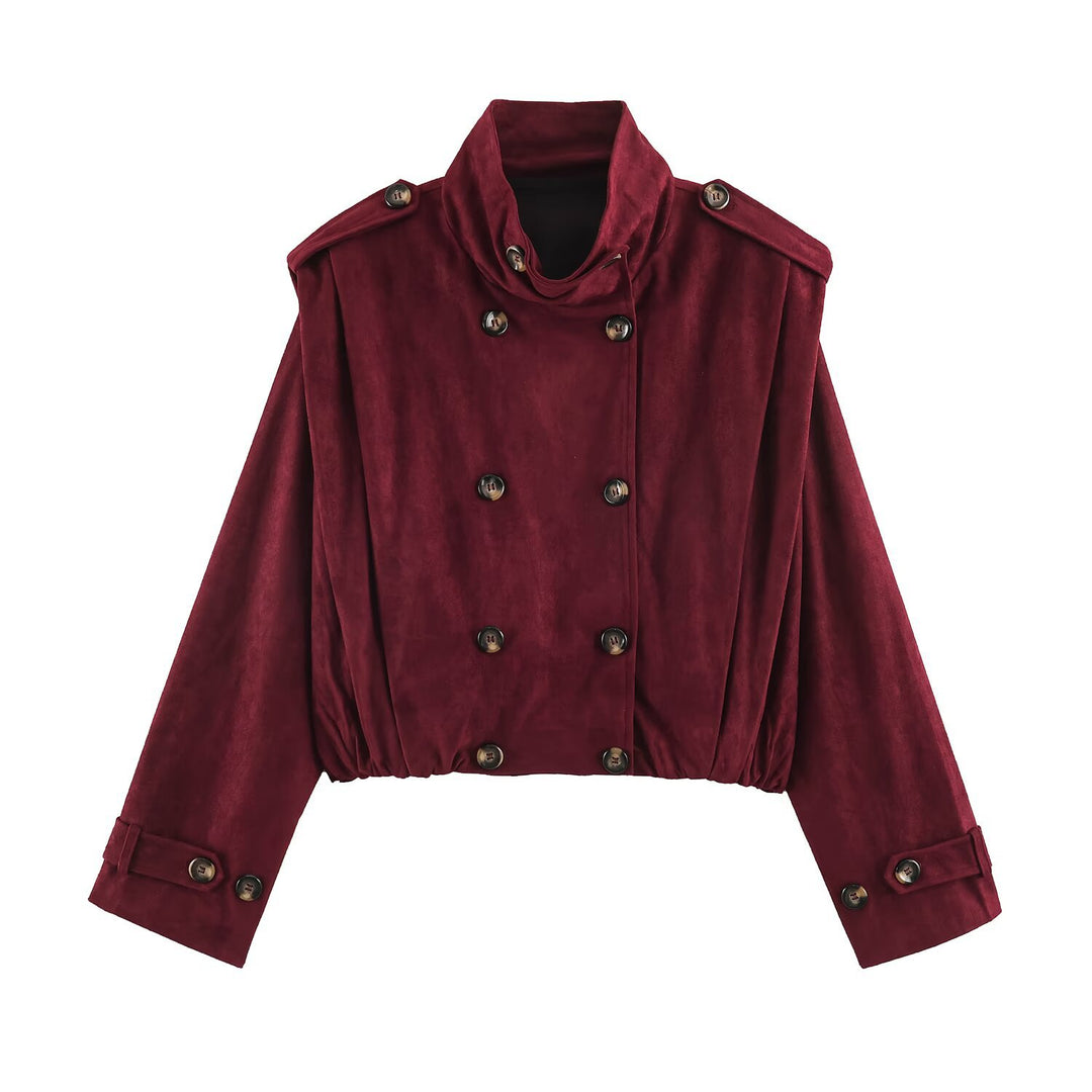 Women's Short-Cut Double-Breasted Suede-Look Bomber with Stand-Up Collar and Shoulder Patches Mune Fashion