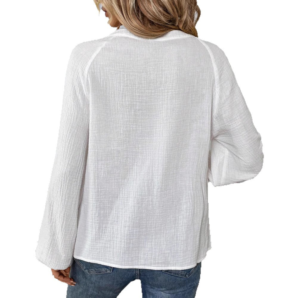 Women's casual cotton gauze blouse with embroidered V-neck, paisley embroidery, raglan seams, and wide balloon sleeves Mune Fashion