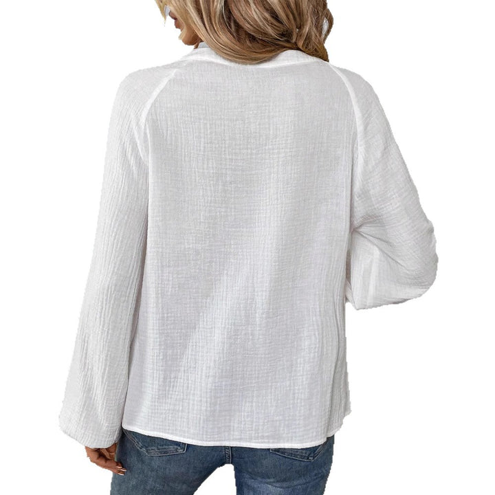 Women's casual cotton gauze blouse with embroidered V-neck, paisley embroidery, raglan seams, and wide balloon sleeves Mune Fashion