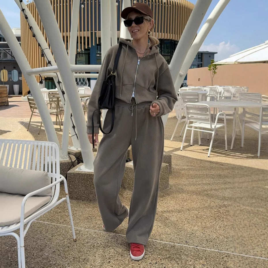 Women's Short Zip Hoodie with Drawstring Waist and Wide Palazzo Jogging Pants Mune Fashion