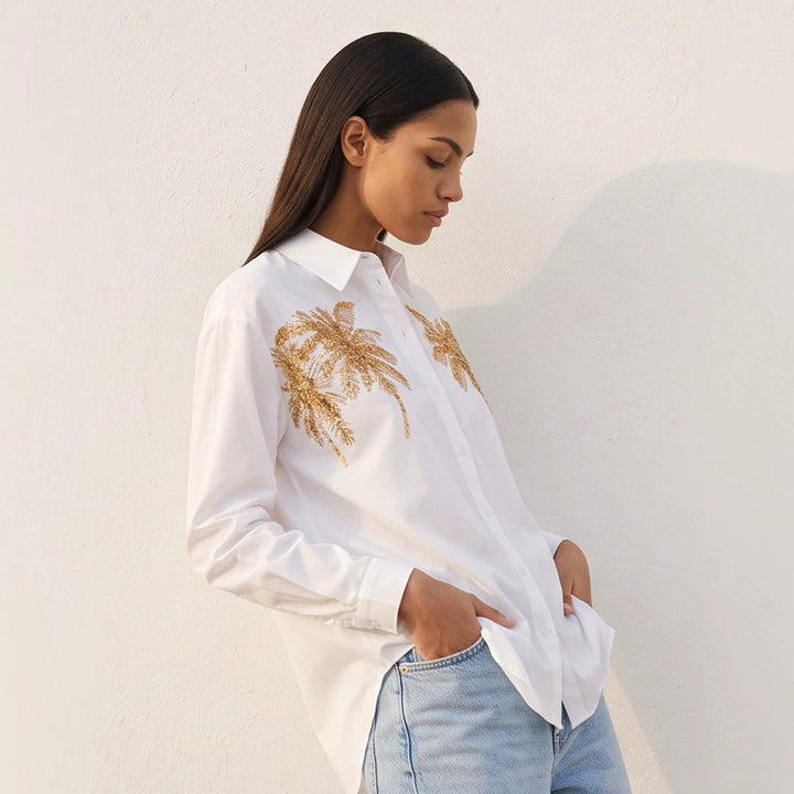 Women's shirt blouse with sequin palm appliqué, oversized cut & classic collar Mune Fashion