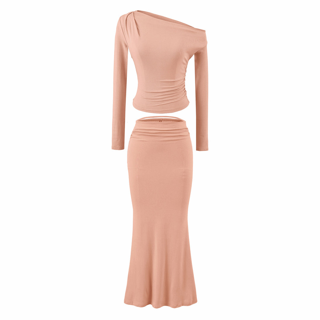 Women's One-Shoulder Two-Piece Set with Ruched Crop Top and Fitted Maxi Skirt Mune Fashion