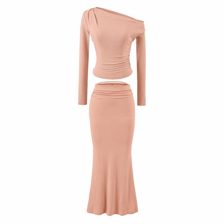 Women's One-Shoulder Two-Piece Set with Ruched Crop Top and Fitted Maxi Skirt Mune Fashion