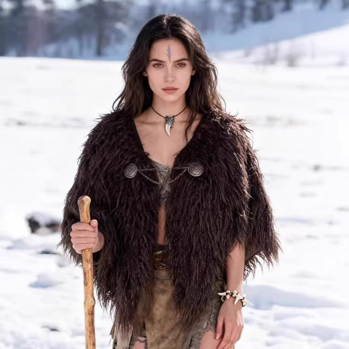 Ladies Viking-inspired Faux-Fur Cape with rustic fringe look and shoulder drape Mune Fashion