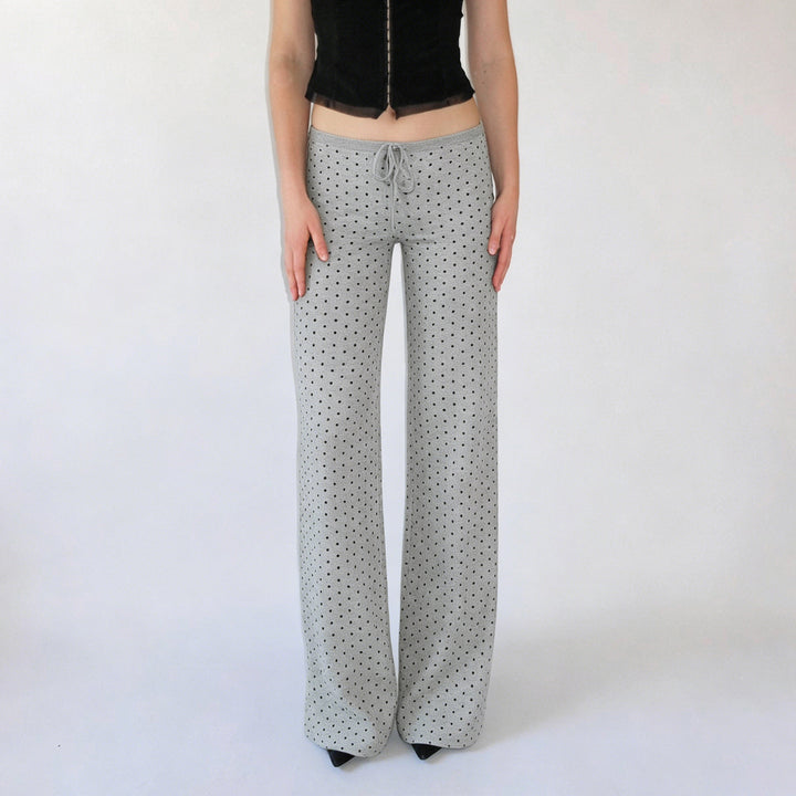 Women's comfortable high-waist lounge pants with wide flare, elastic comfort waistband, drawstring, and subtle dot print Mune Fashion