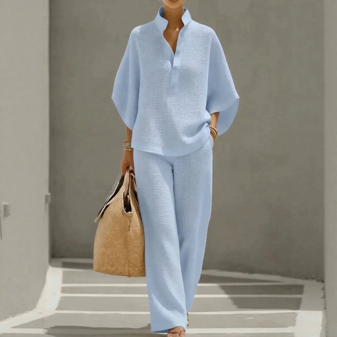 Women's Lightweight Waffle Knit Two-Piece Set with Stand Collar, Button Placket, and Palazzo Pants Mune Fashion