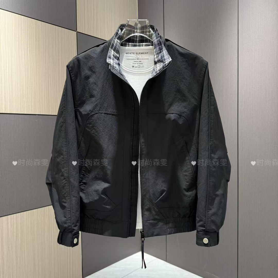 Men's Lightweight Cotton Blend Blouson with Stand-Up Collar and Checked Lining Mune Fashion