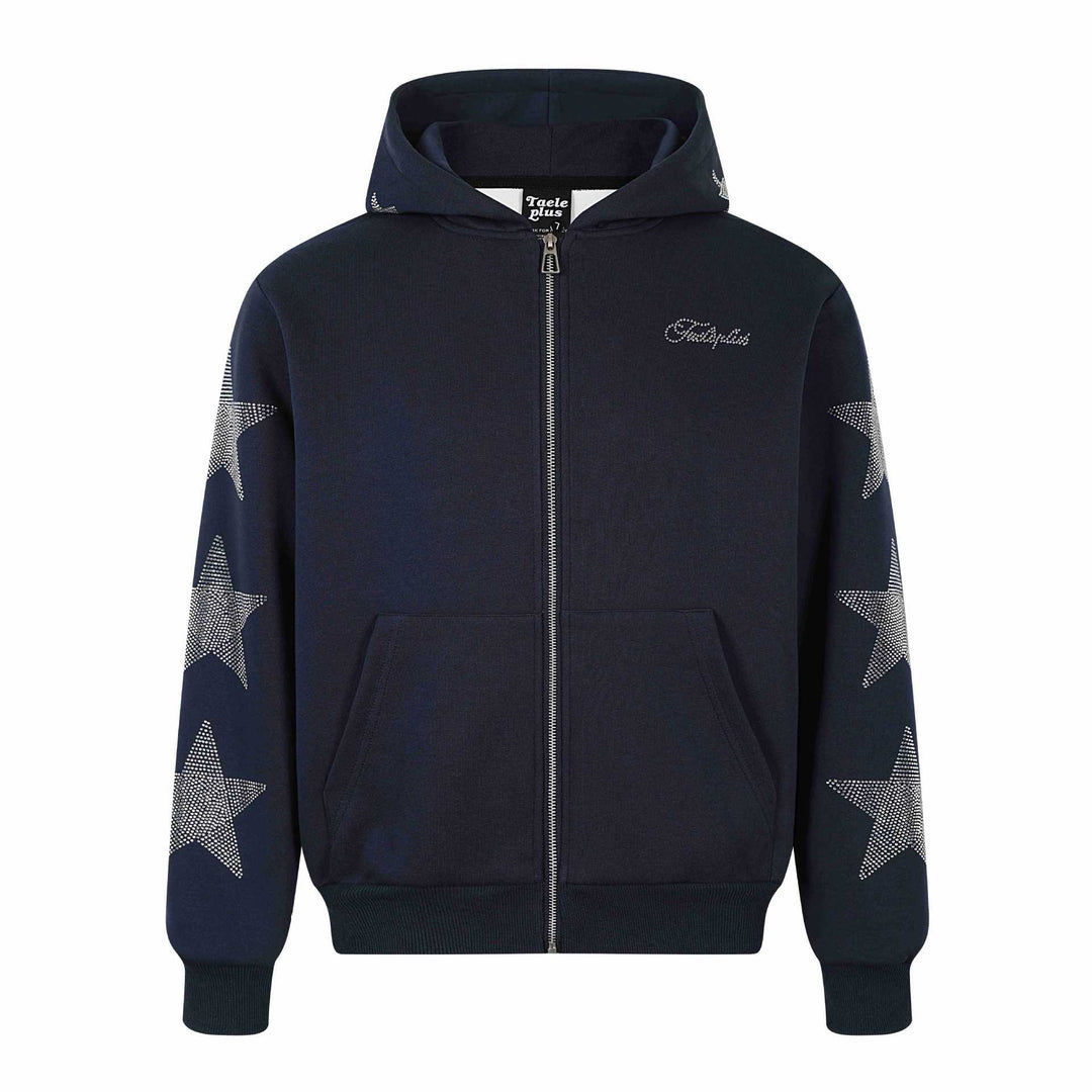 Women's hooded jacket with rhinestone star appliqués and full-length zipper Mune Fashion