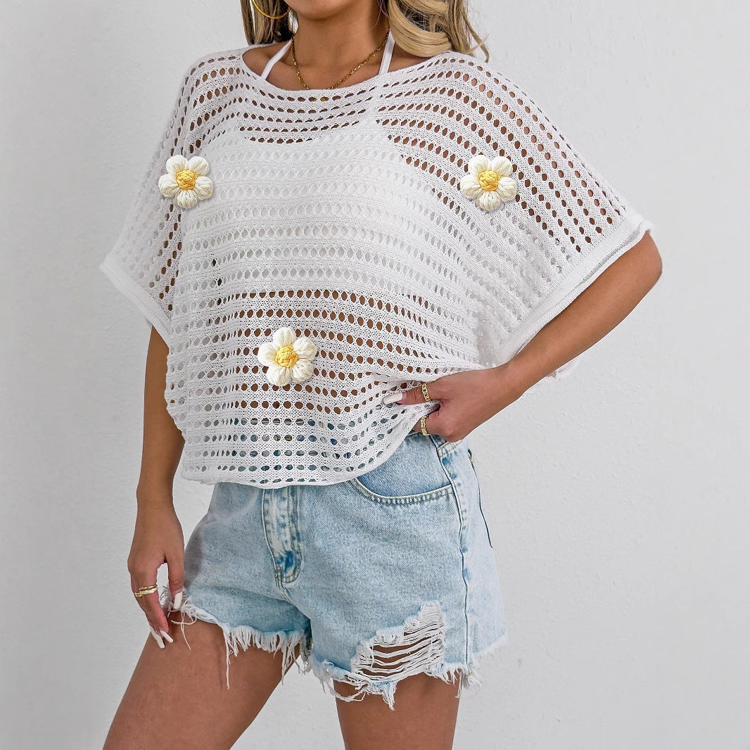 Women's casual crochet top with decorative flower details