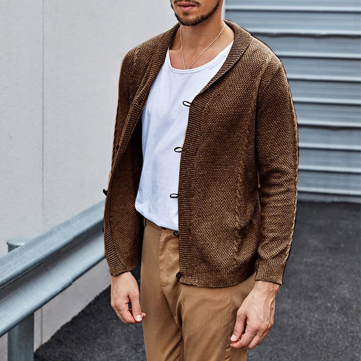 Men's fine knit cardigan with shawl collar, snap-hook closures, and textured knit Mune Fashion