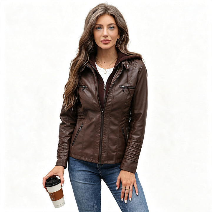 Women Tailored Faux Leather Jacket with Removable Hood and Zipper Mune Fashion