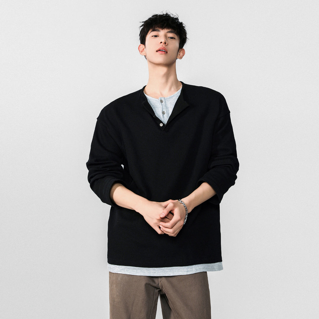 Men's Fashionable Oversized Henley Shirt with Textured Surface Mune Fashion