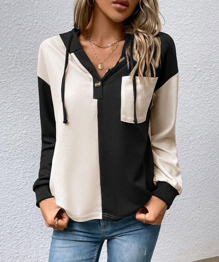 Women's waffle knit hoodie with henley buttons, chest pocket, and hood Mune Fashion