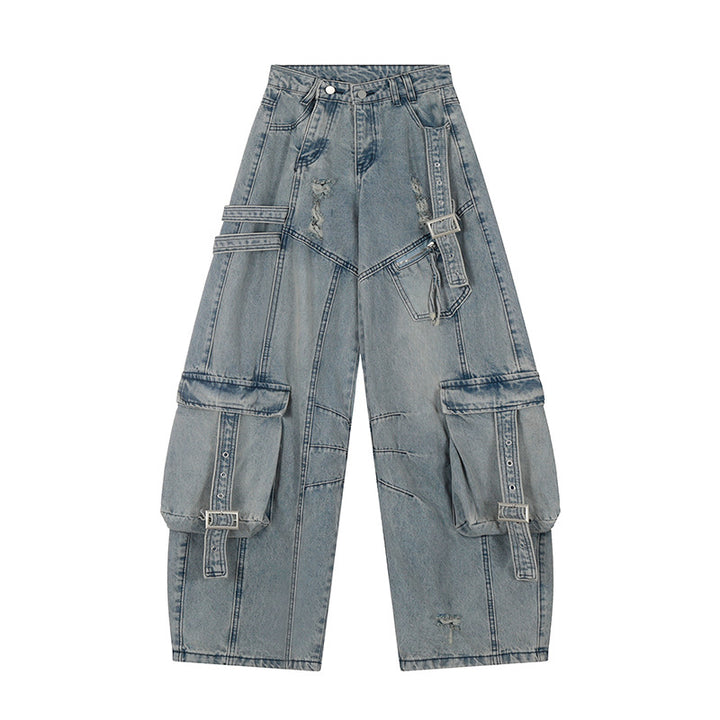 Women's wide jeans cargo culotte with tactical pockets, belt applications and used details Mune Fashion