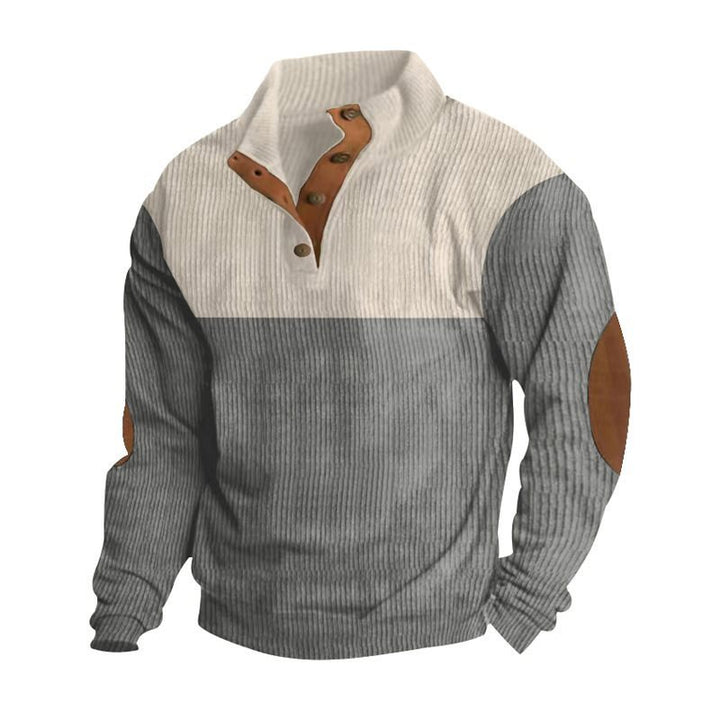 Men's Structured Sweater with Henley Button Placket, Elbow Patches and Two-Tone Block Mune Fashion