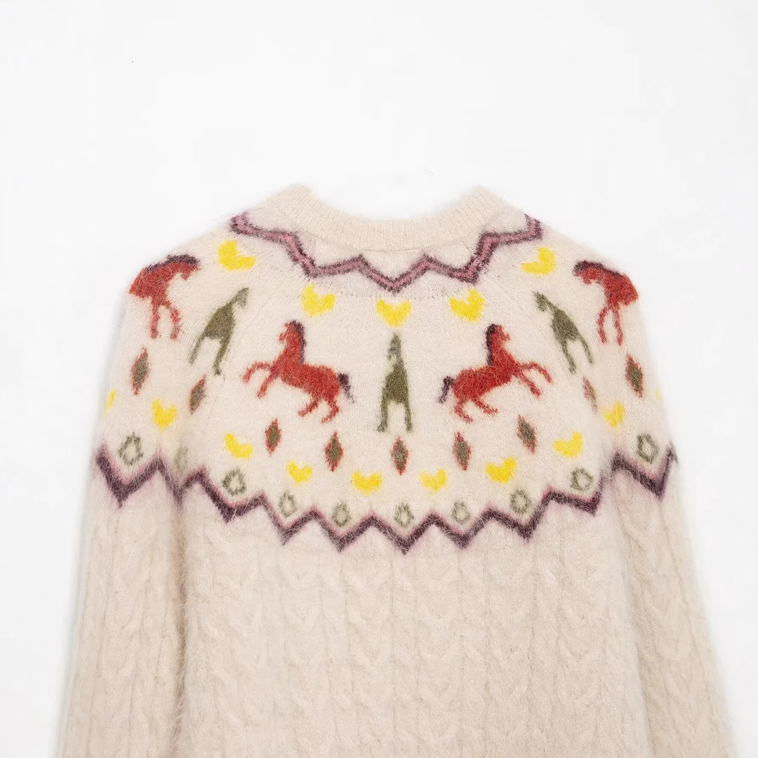 Women's knitted cardigan with Norwegian pattern and horse motif, cable pattern and button placket Mune Fashion