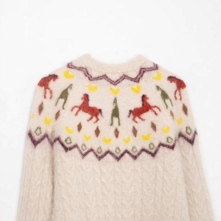 Women's knitted cardigan with Norwegian pattern and horse motif, cable pattern and button placket Mune Fashion
