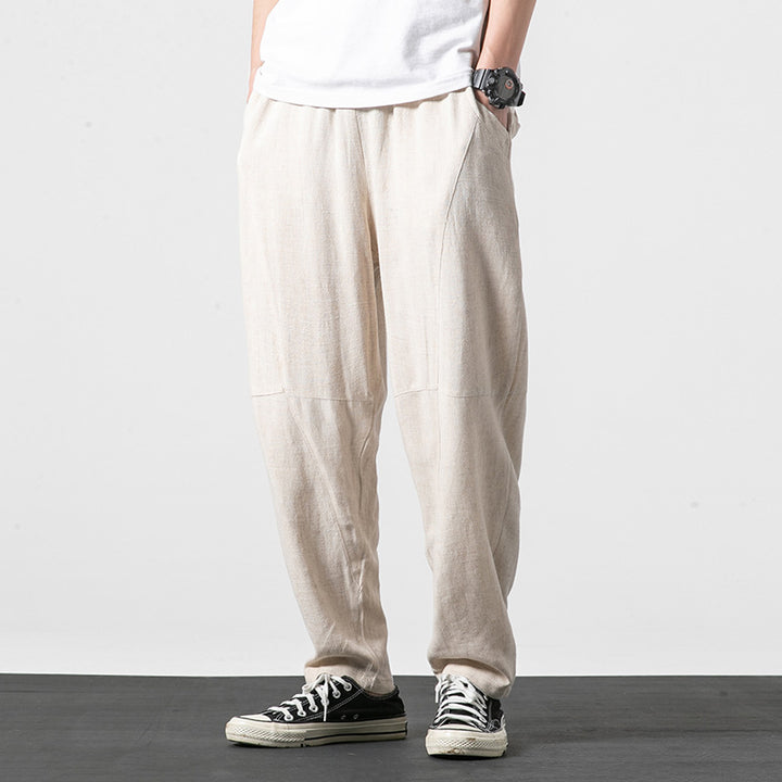 Men's Soft Linen Blend Lounge Pants with Dropped Crotch, Elastic Waistband, and Tapered Leg Mune Fashion