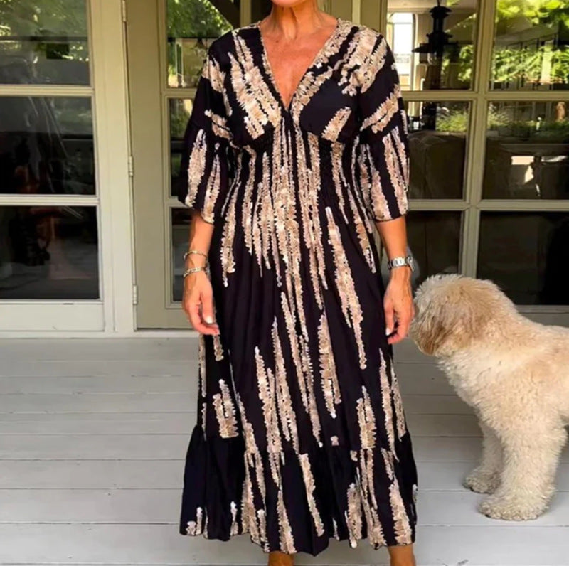 Ladies' V-neck maxi dress with brushstroke pattern, gathered underbust, balloon sleeves, and ruffled tiers Mune Fashion